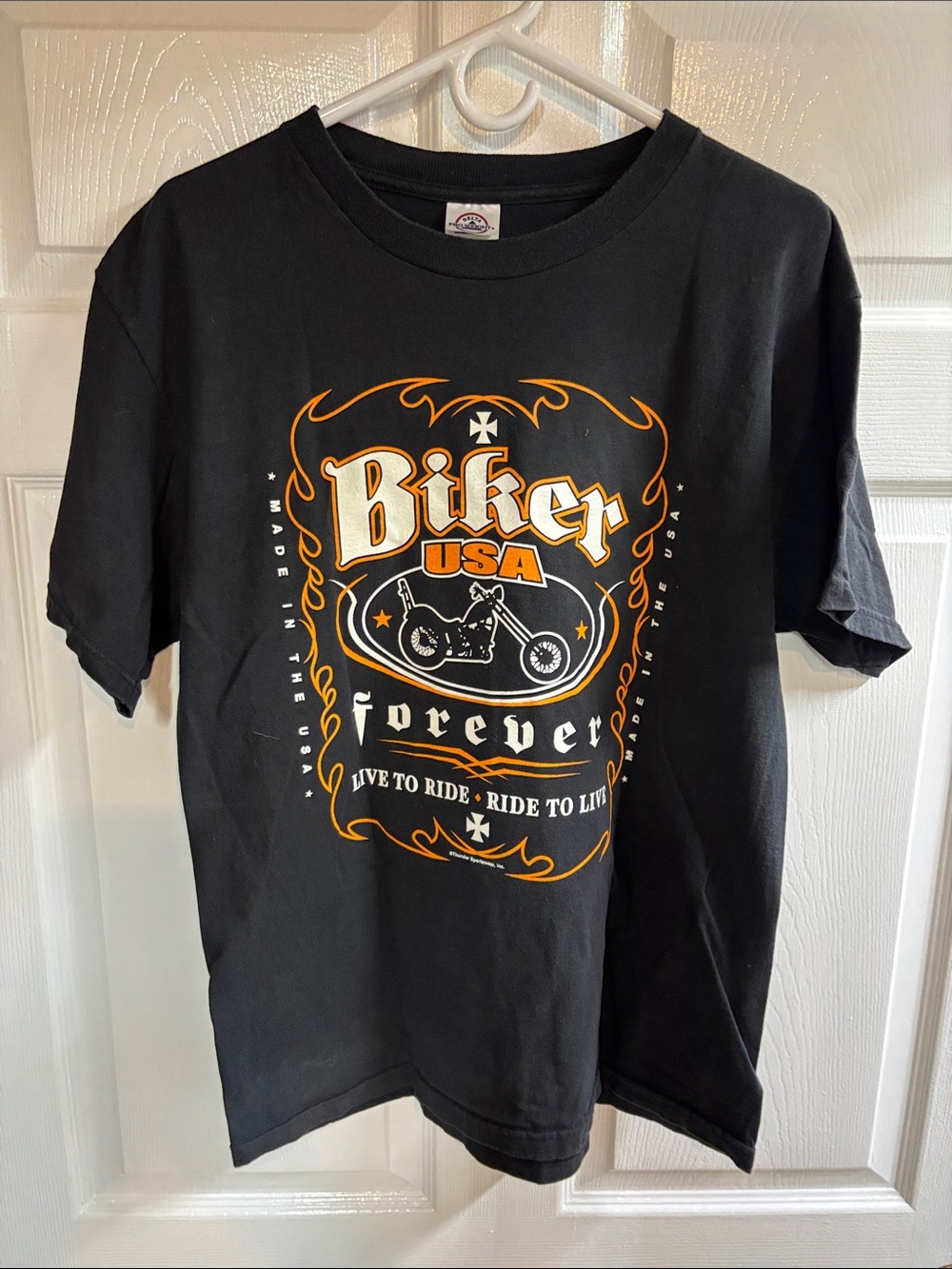 Biker USA Forever Graphic Tee Black with Orange Accents Size Large
